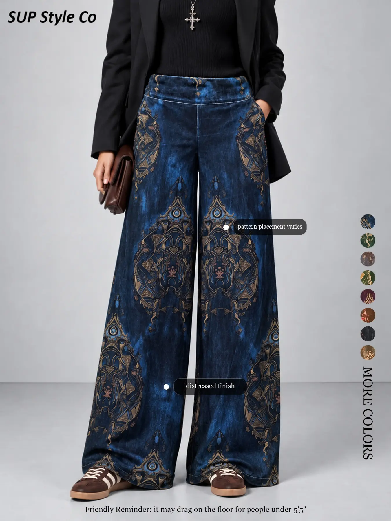 【Prints Randomly】Vintage Pattern Wide Leg Pants for Women, Bohemian Luxury Elegant Design, Casual Social and Vacation Wear, Slim-Fitting, All Seasons, Palazzo Pants