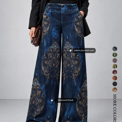 【Prints Randomly】Vintage Pattern Wide Leg Pants for Women, Bohemian Luxury Elegant Design, Casual Social and Vacation Wear, Slim-Fitting, All Seasons, Palazzo Pants