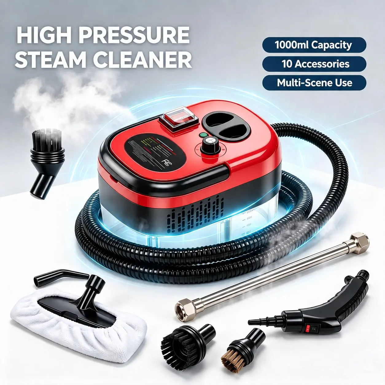 【Toolupgrade】Compact Corded Handheld Steam Cleaner - Corded Cleaning Tool for Home Users, 220V Plug, 2500W Power, ABS Plastic, 10 Accessories, Adjustable Levels, Fast Heat-Up, Deep Sanitizing for Surfaces, Car Washing & Home Detailing Mop Tool