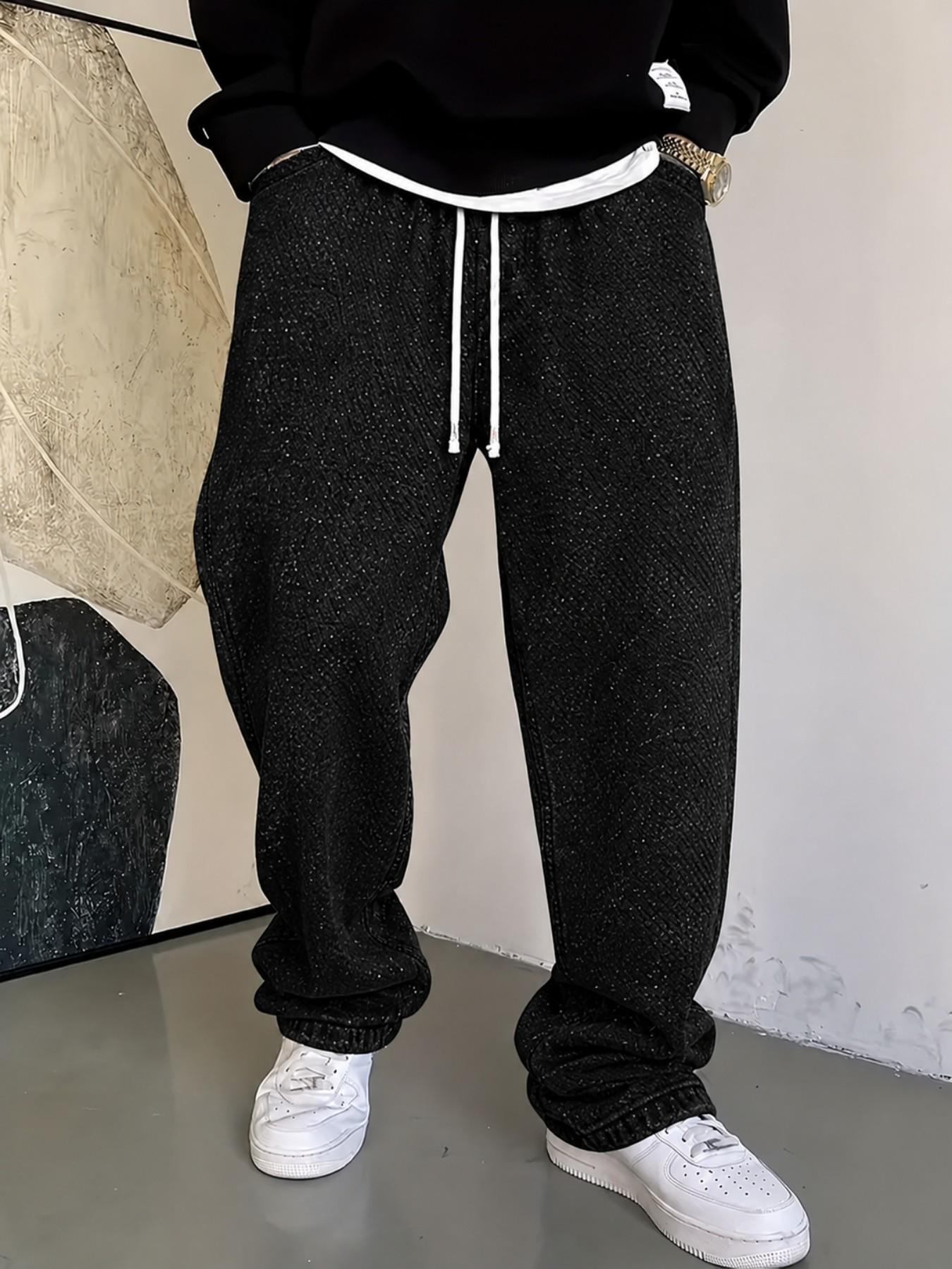 Men’s Burgundy Baggy Jeans with Allover Jacquard Pattern and Sparkling Rhinestone Details, Drawstring Wide Leg Streetwear Pants