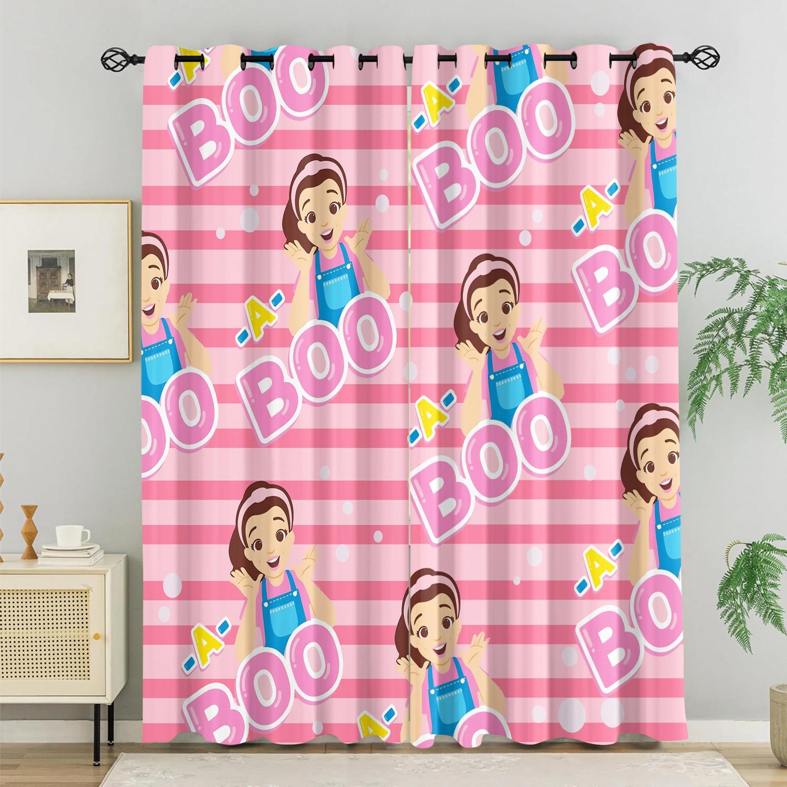 Pink Striped Peek-A-Boo Cartoon Character Blackout Curtain 2Pcs/Set, No Drill Rings, Washable Polyester Fabric, Suitable for Bedroom Living Room Kids Room Decor, Insulation, UV Protection, Best Gift