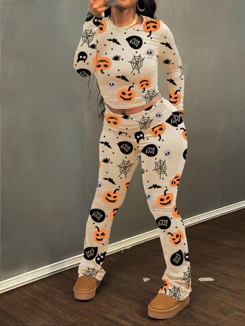 Women Halloween Two Piece Set Pumpkin Print Long Sleeve Crop Top Flare Pants Outfit Ghost Bat Spider Web Design Holiday Party Clubwear Casual Fall Festival Look Comfortable Fashion Matching Set Halloween Costume