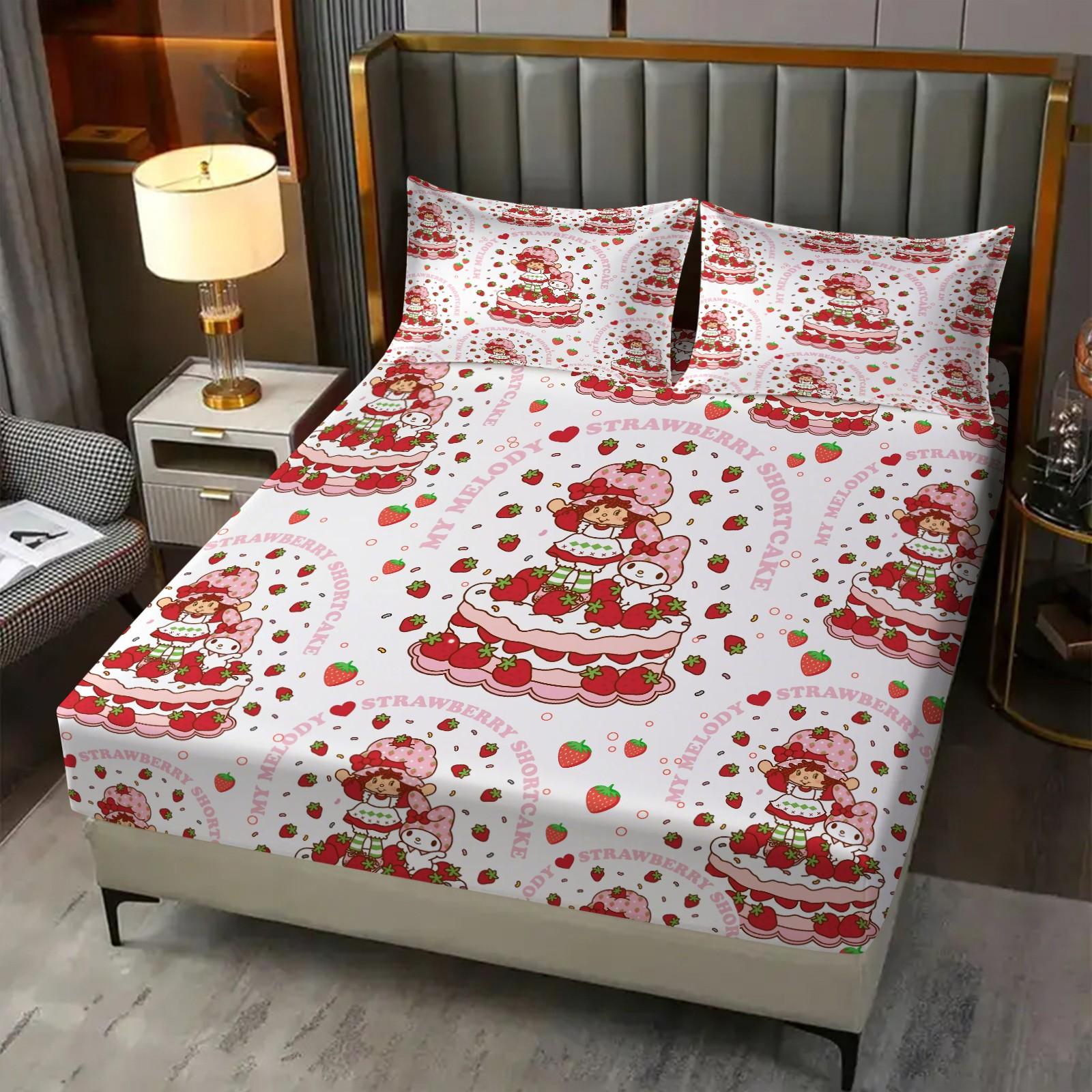 Strawberry Shortcake x My Melody Fitted Sheet Set, 1 Fitted Sheet + 2 Pillowcases - 3 Pcs Soft Bedding with Deep Pocket, 360° Full Coverage, Wrinkle Free, Cute Strawberry Cake Cartoon Bed Sheets for Girls, Full Size