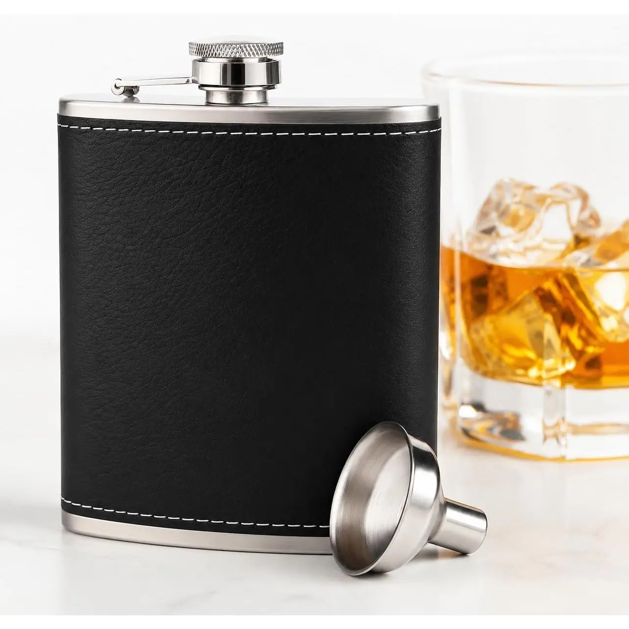 SICANDAENHK 8 oz Stainless Steel Hip Flask with Funnel for Men and Women, Leak-Proof Pocket Whisky Flask with Black Textured Finish, Portable Alcohol Bottle for Camping, Festivals, Hiking, Travel and Gifting