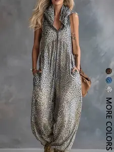1 Piece Women's Summer Leopard Hooded Zip Up Jumpsuit, Loose Harem Streetwear Outfit