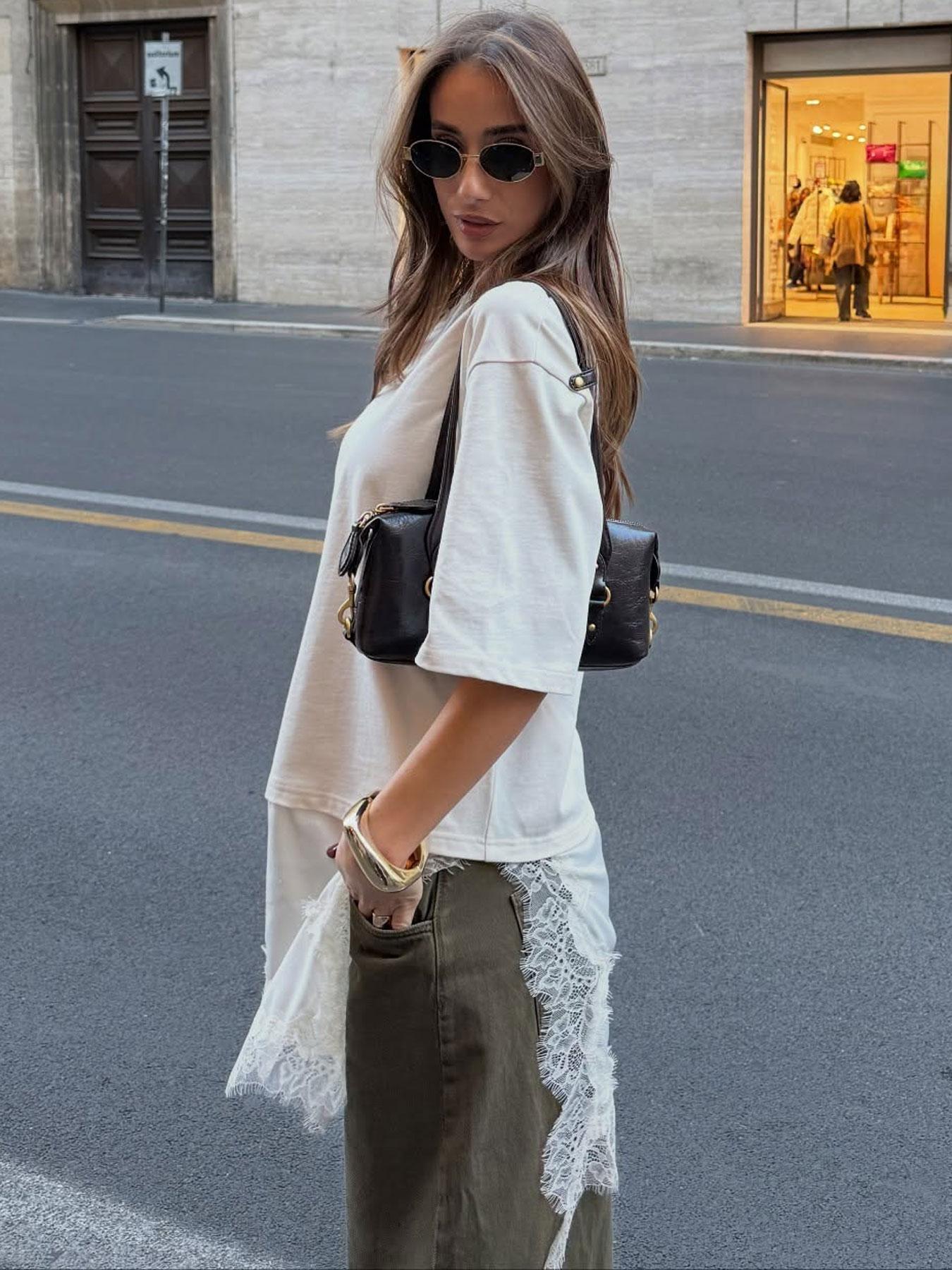 Women's Lace Patchwork Dress, Oversized Fit, Asymmetric Lace Hem, Half Sleeve, Casual Street Style, Spring & Fall Fashion, Womenswear, Minimalist