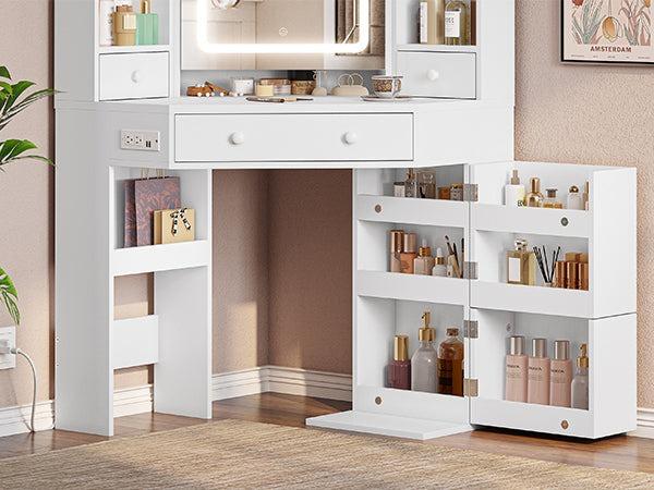 Sikaic Corner LED Makeup Vanity Desk With Storage Stool And Charging Station Mirror Drawers, Rotating Shelves