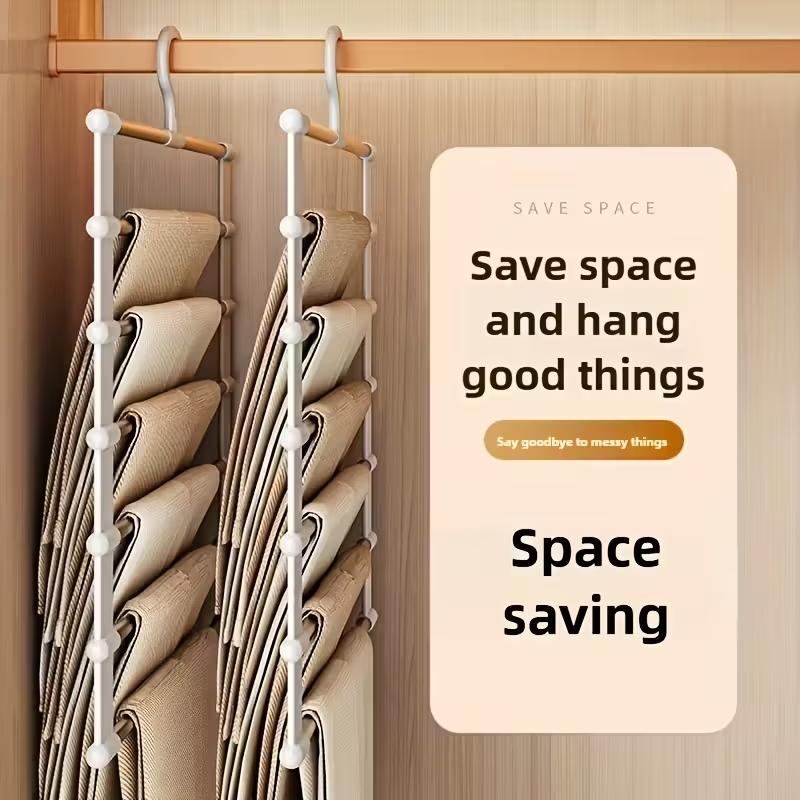 4pack Foldable Multi-Layer Pants Hanger, Stainless Steel Non-Slip Closet Organizer, Space Saving, Adjustable Shelves and Hooks, Durable Plastic Structure