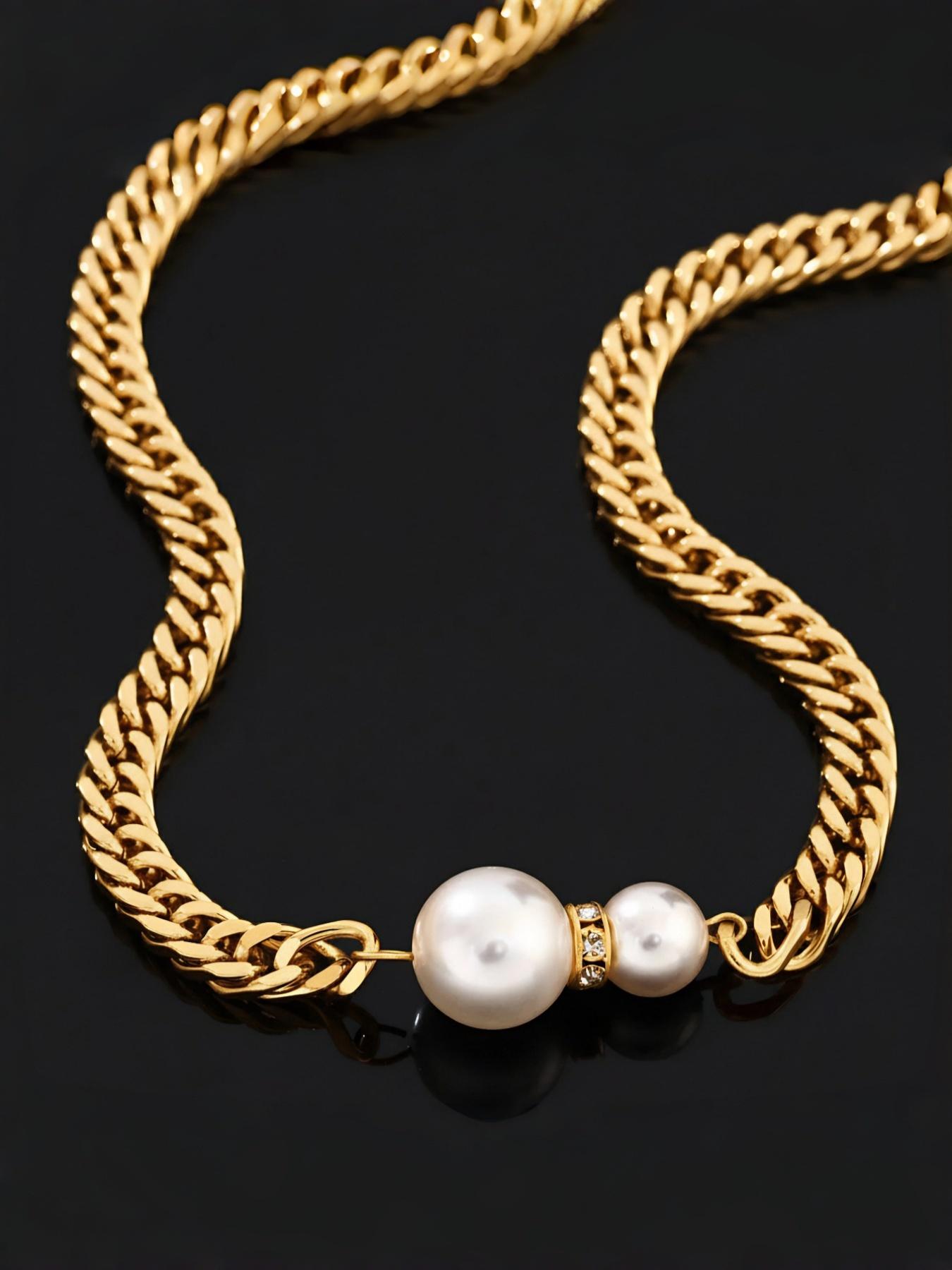 Perfect Size Pearl Stainless Steel Cuban Chain Necklace, Simple Design, Ideal Gift, Daily Wear Jewelry, Elegant and Stylish