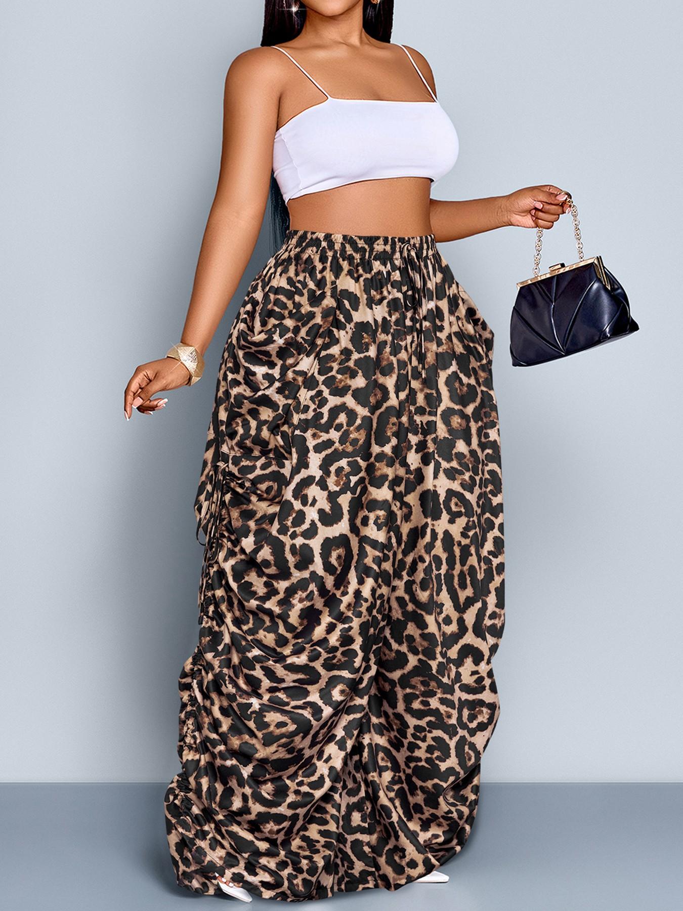 Women's Plus Size Leopard Print Wide Leg Pants, High Waist Elastic Waist Adjustable, Loose-Fitting Long Pants, Casual All Seasons Fashion