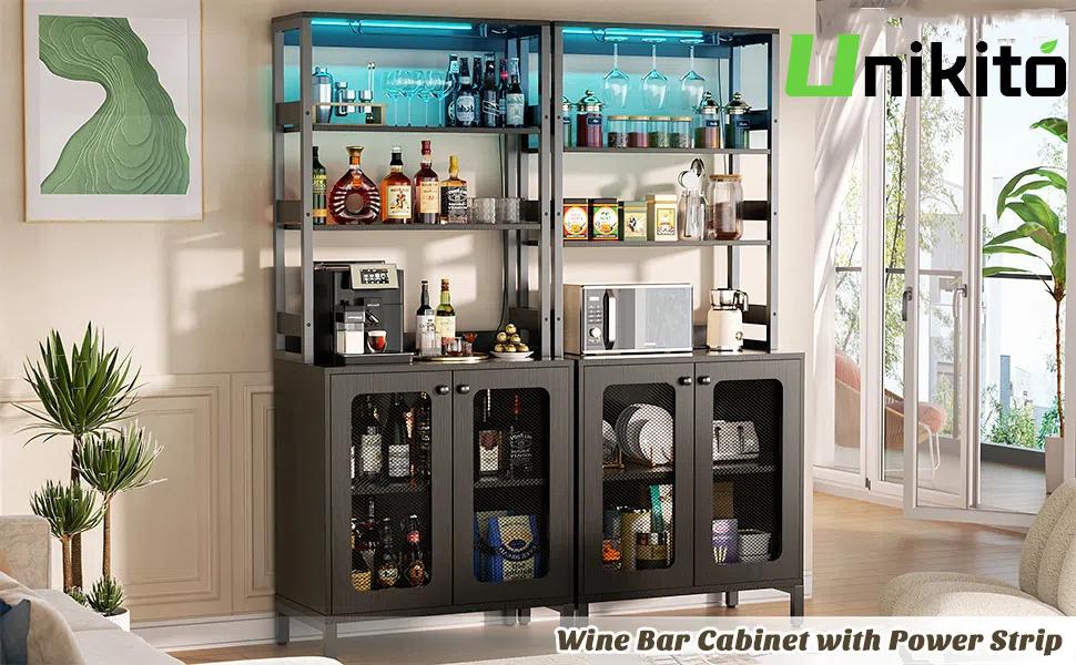 Bar Cabinet with Power Outlets, 67" Tall Wine Bar Cabinet Liquor Cabinet with LED Lights , Coffee Bar Station for Living Room Shelf Utensils