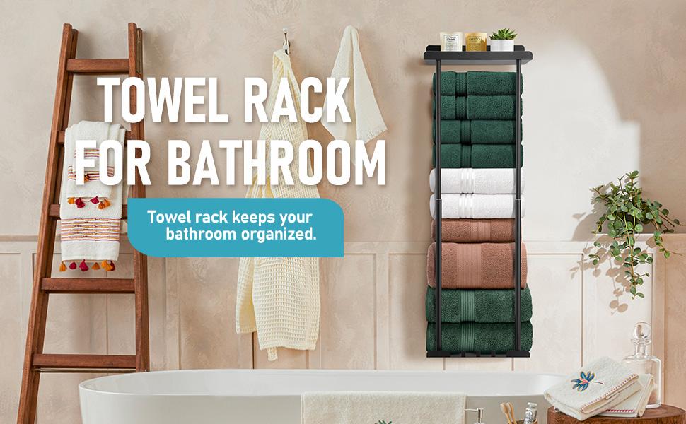 Bathroom Towel Storage Rack, Towel Racks for Bathroom Wall Mounted 30 inch with Shelf Can Holds 6 Large Towels, Wall Towel Rack for Rolled Towels, Black