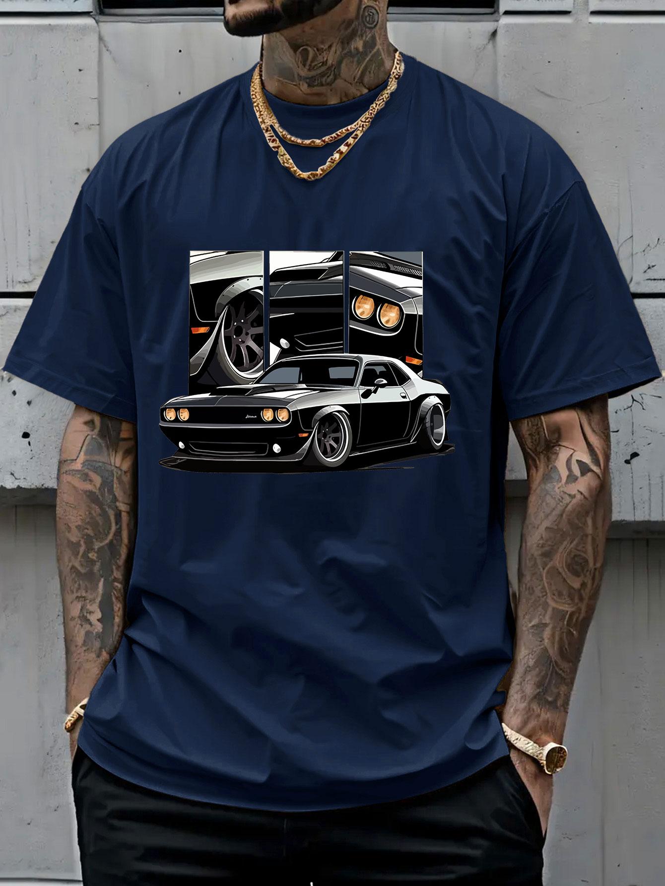 Men's Round Neck Short Sleeve T-Shirt, Summer Vintage Dodge Challenger Muscle Car Print, American Streetwear Loose Fit Top