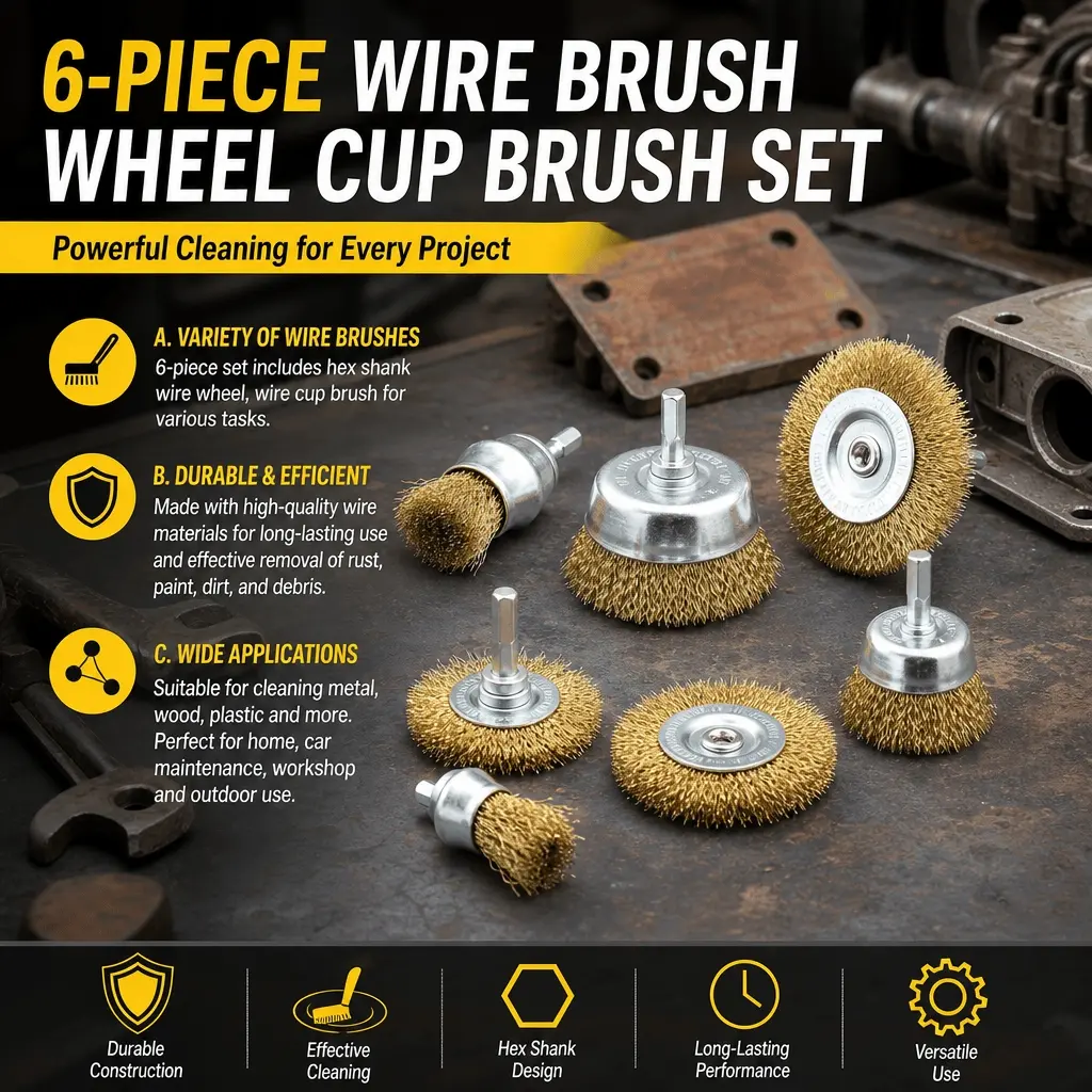 6Pcs Brass Wire Brush Drill Bit Set, 1/4" Hex Shank - Heavy Duty Rust Removal, Deburring & Rotary Polishing for Metal/Wood, Precision Parts Cleaner