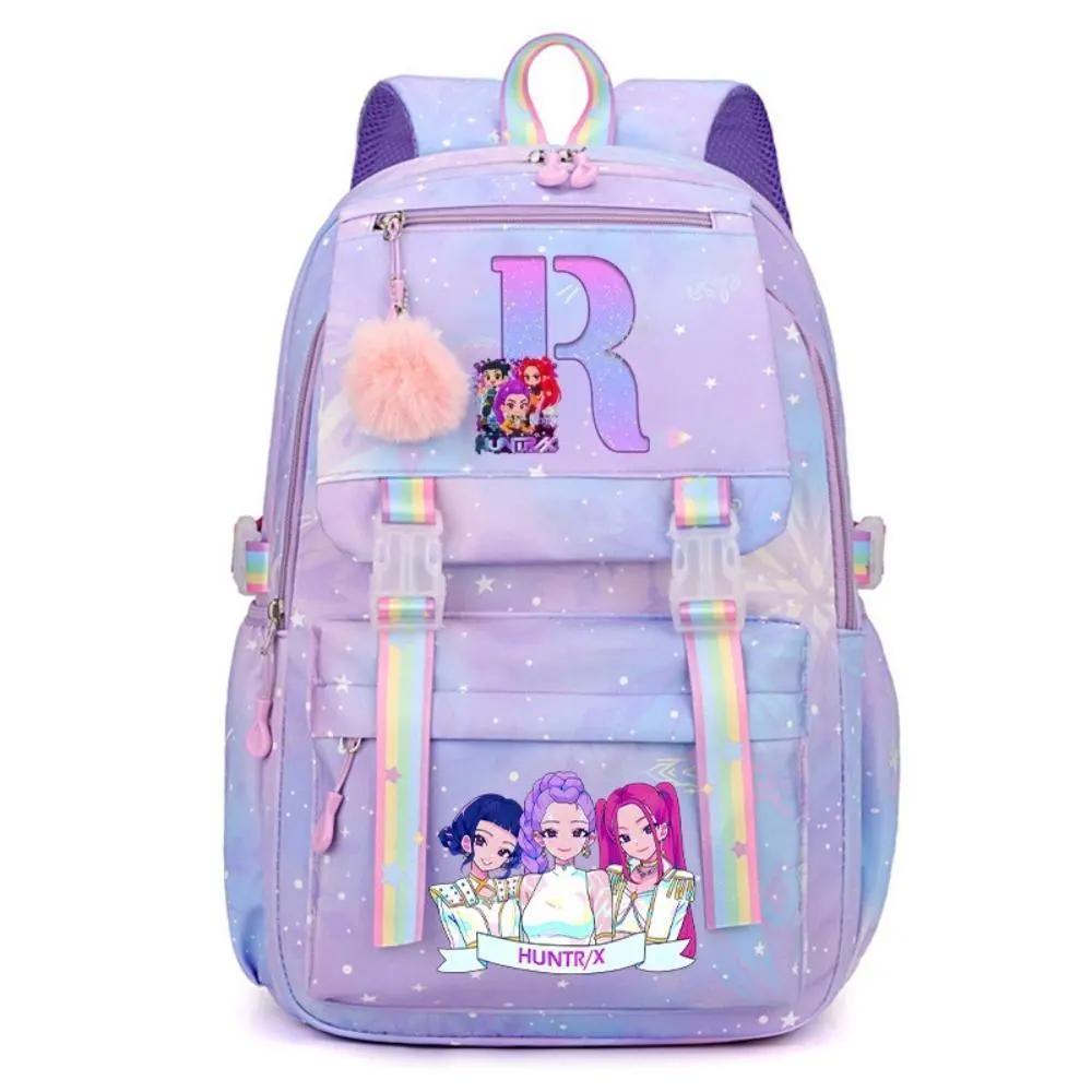 Kpop Cartoon Girl Letter R Print Backpack for Teen Girls Women, Purple Blue Star Gradient Large Capacity Casual School Backpack, Lightweight Waterproof Multi-Pocket Daypack with Rainbow Ribbon Straps & Fluffy Pink Pom Pom Charm for Campus Travel  #EW4