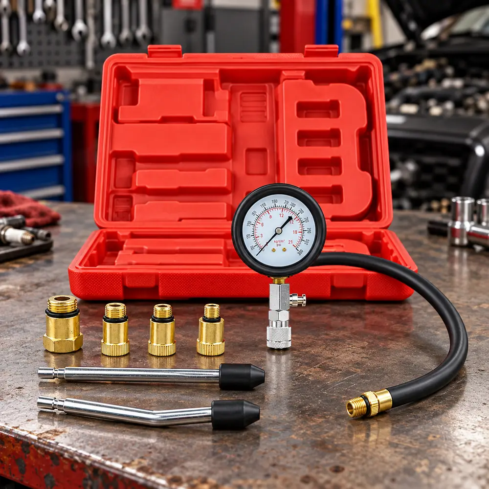 Universal petrol engine compression test tool kit, multi-thread adapters, dual-color pressure gauge, for fast cylinder pressure diagnosis, helps check piston ring valve and gasket issues, for trucks mowers and gasoline engines