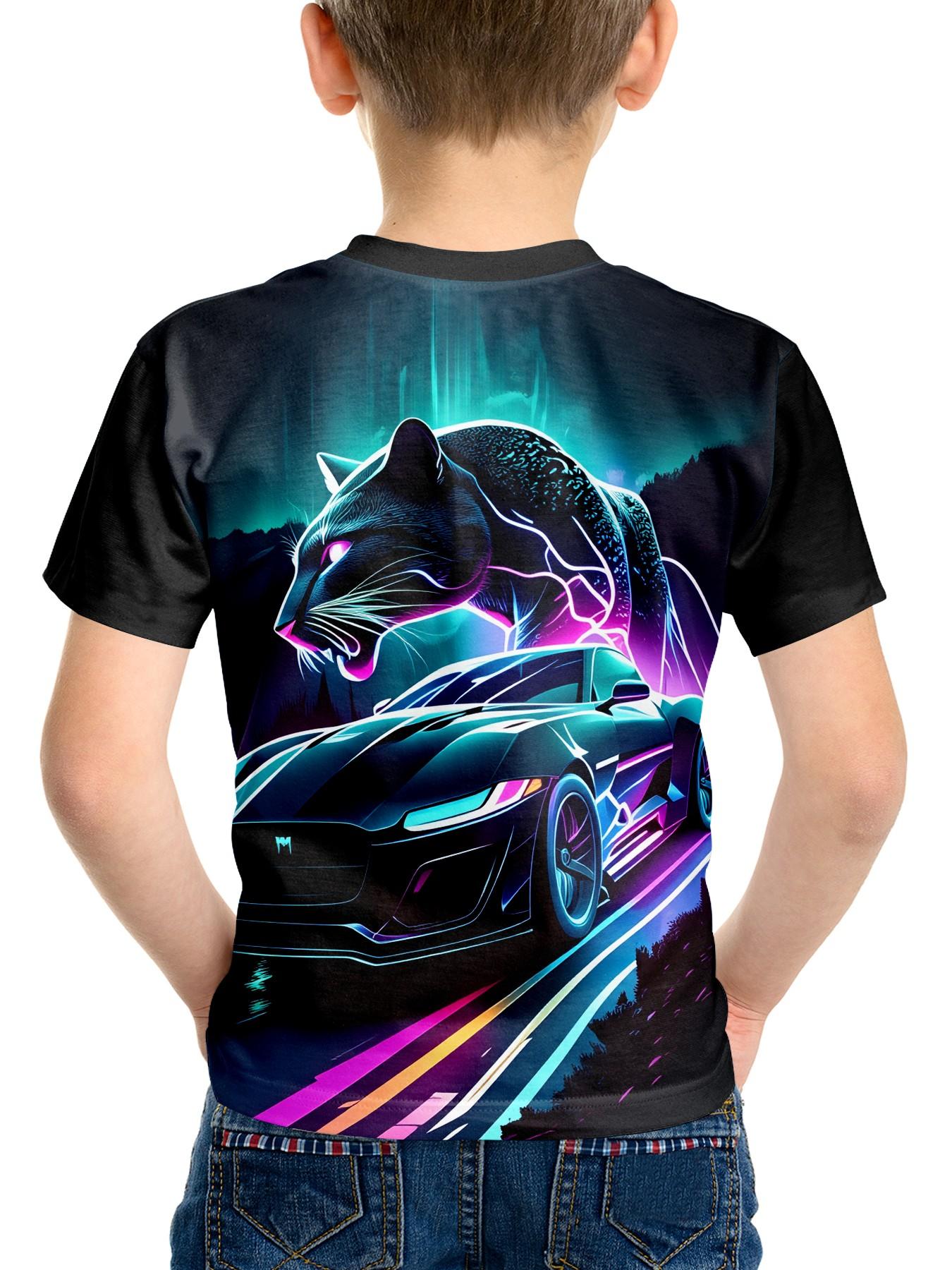 Boy Neon Panther and Car Pattern T-Shirt, Cyberpunk Streetwear, Cool Wave Racing Casual Summer Short Sleeve Top, Teenager Clothing