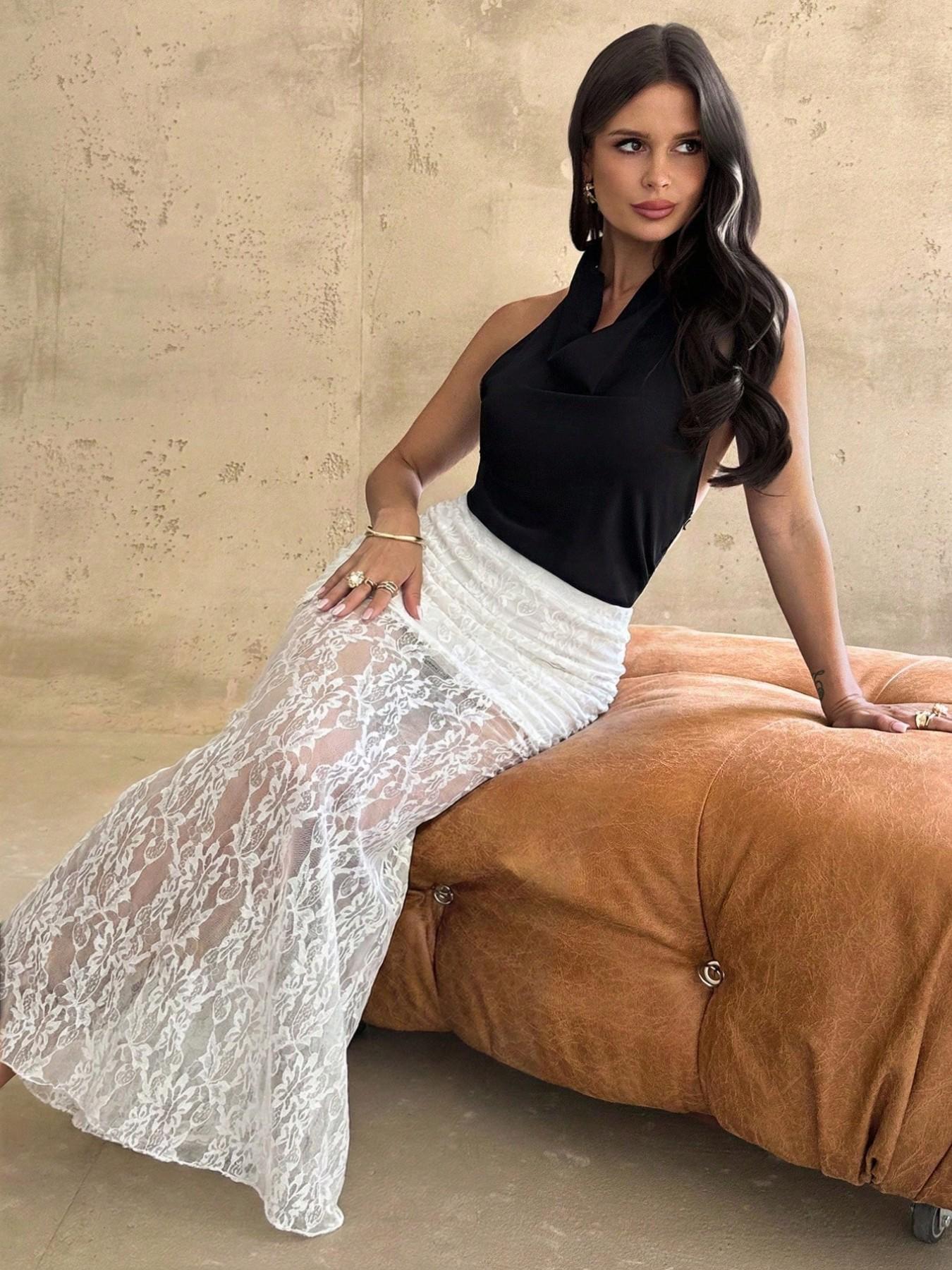 Women's Elegant Romantic Lace Maxi Skirt, Sexy Tight Lace Skirt for Beach Holiday, Perfect for Formal Weddings and Festivals, Chic