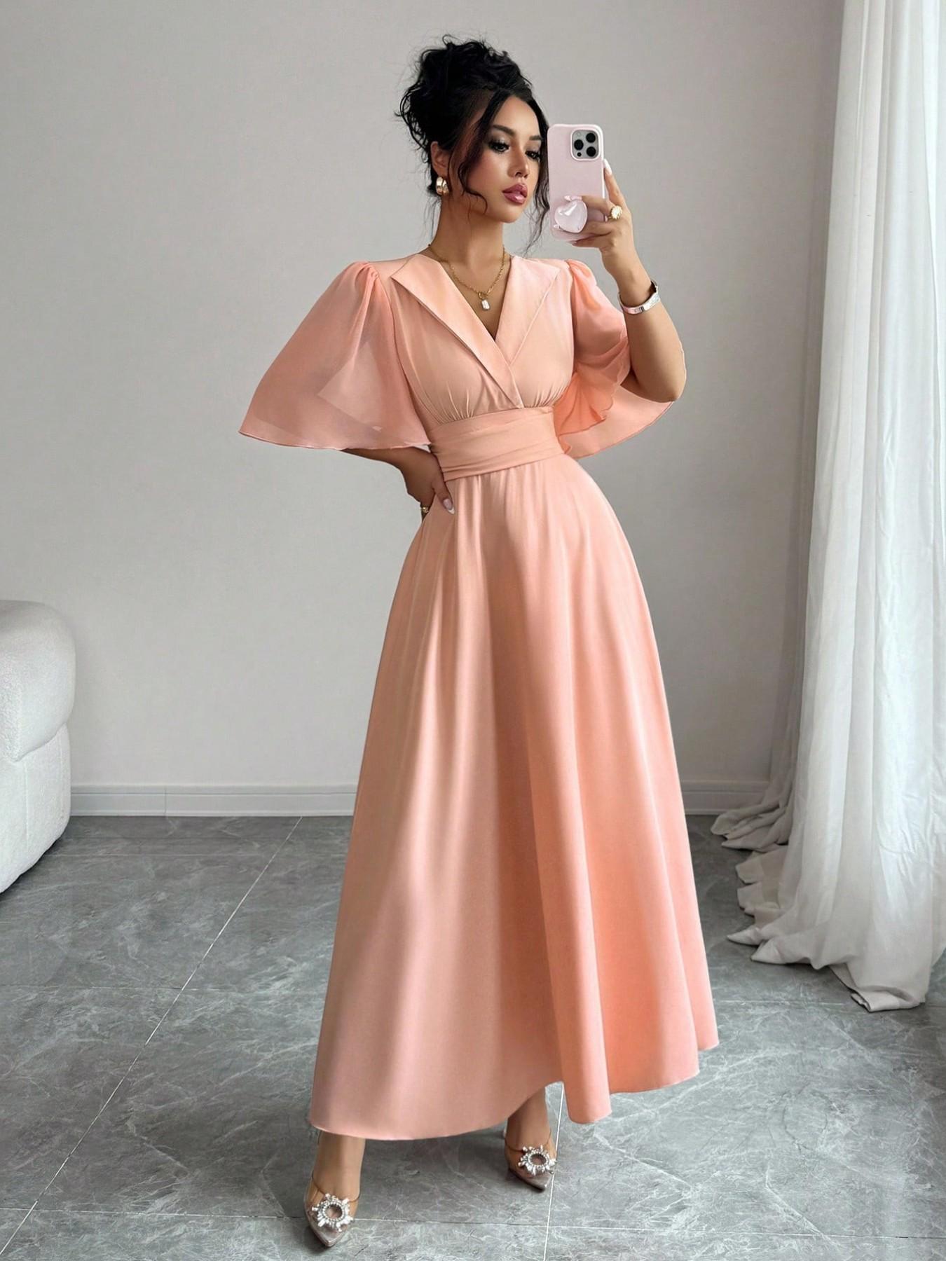 New Women's Lapel Neckline Dress, Waist Ruched Back Tie Chiffon Patchwork, Peplum Sleeves Design, Casual Elegant Chic Summer Dress