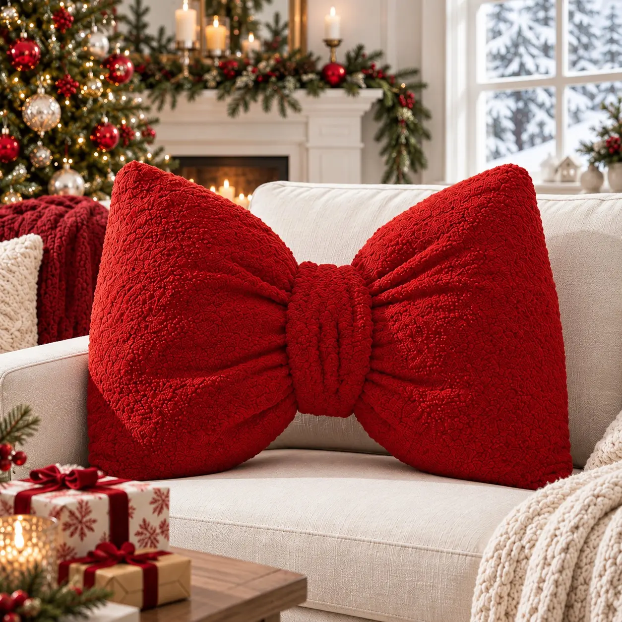1PC Soft Sherpa Fleece Bow Shaped Throw Pillow | Fluffy Accent Cushion to Elevate Living Room & Couch Setup | Christmas Family Home Decor Must-Have | Winter Festive Holiday Essential | Best Gift Choice for Friends | Decorative Cushion