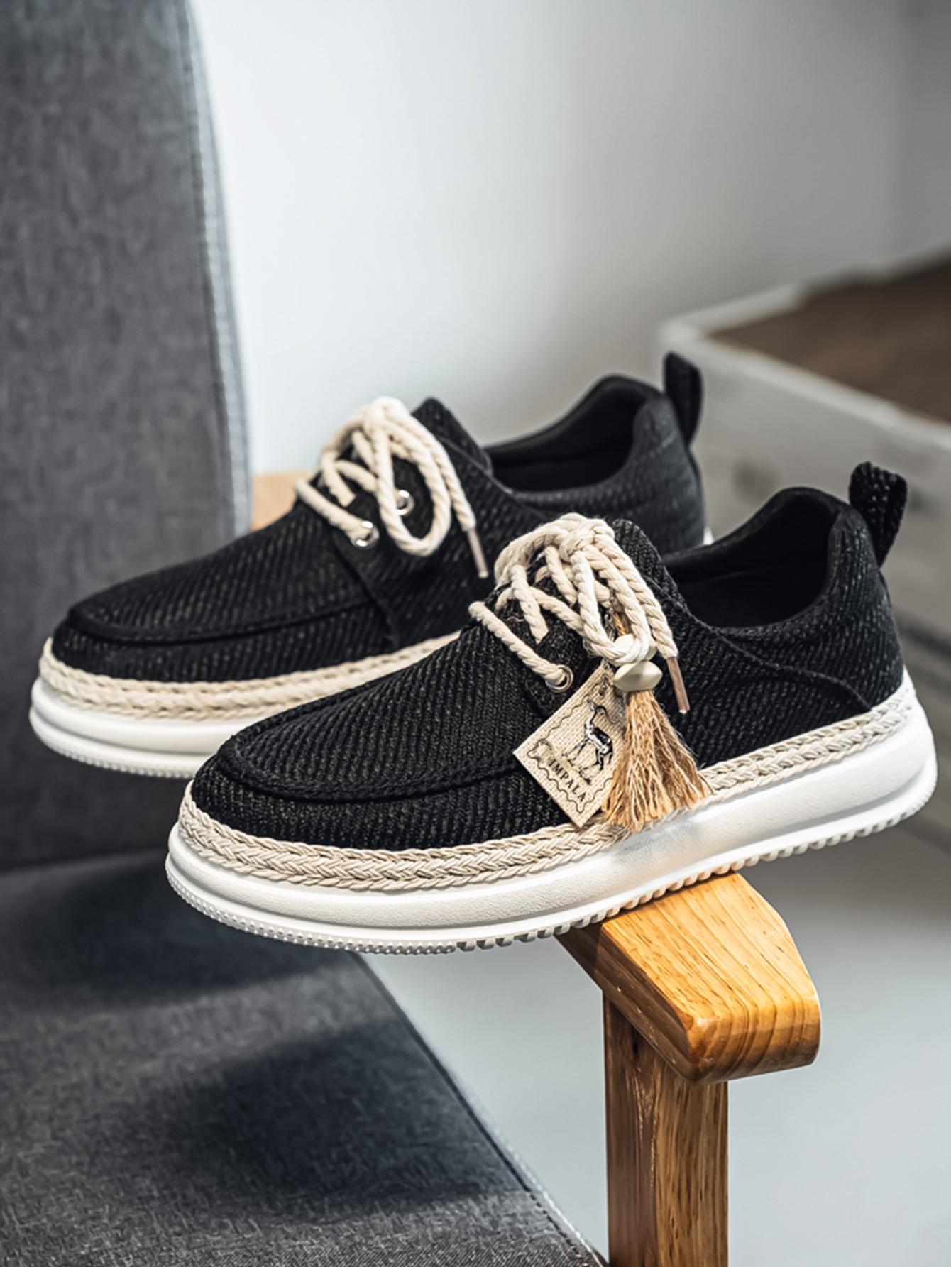 New Summer Men's Cotton Linen Shoes, Breathable Non-Stuffy, Straw Trim Fringe Design, Casual Retro Style, Perfect for Daily Wear