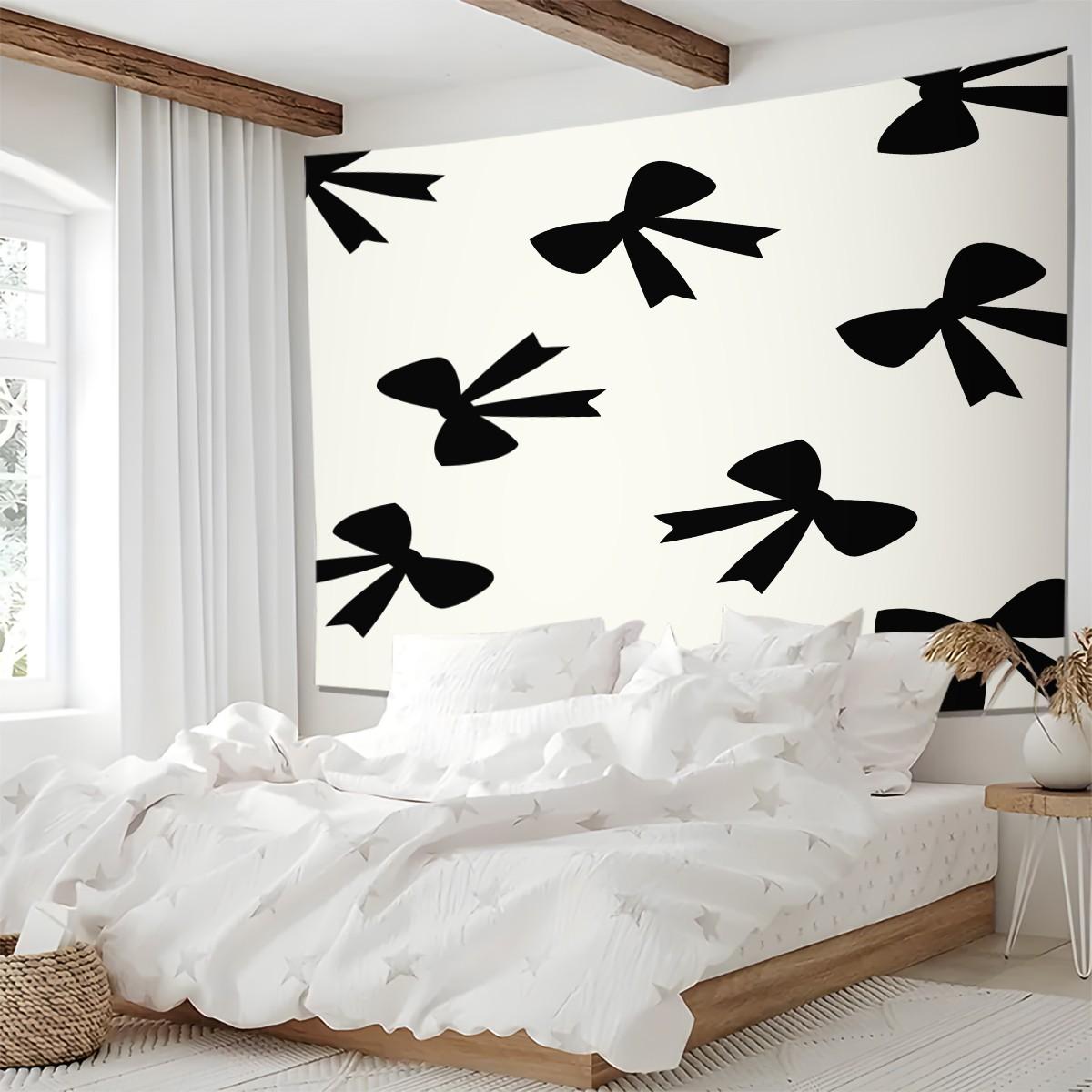 Bow Print Wall Tapestry, Minimalist Bedroom Wall Decor with Heart Accents, Aesthetic Gift for Girls
