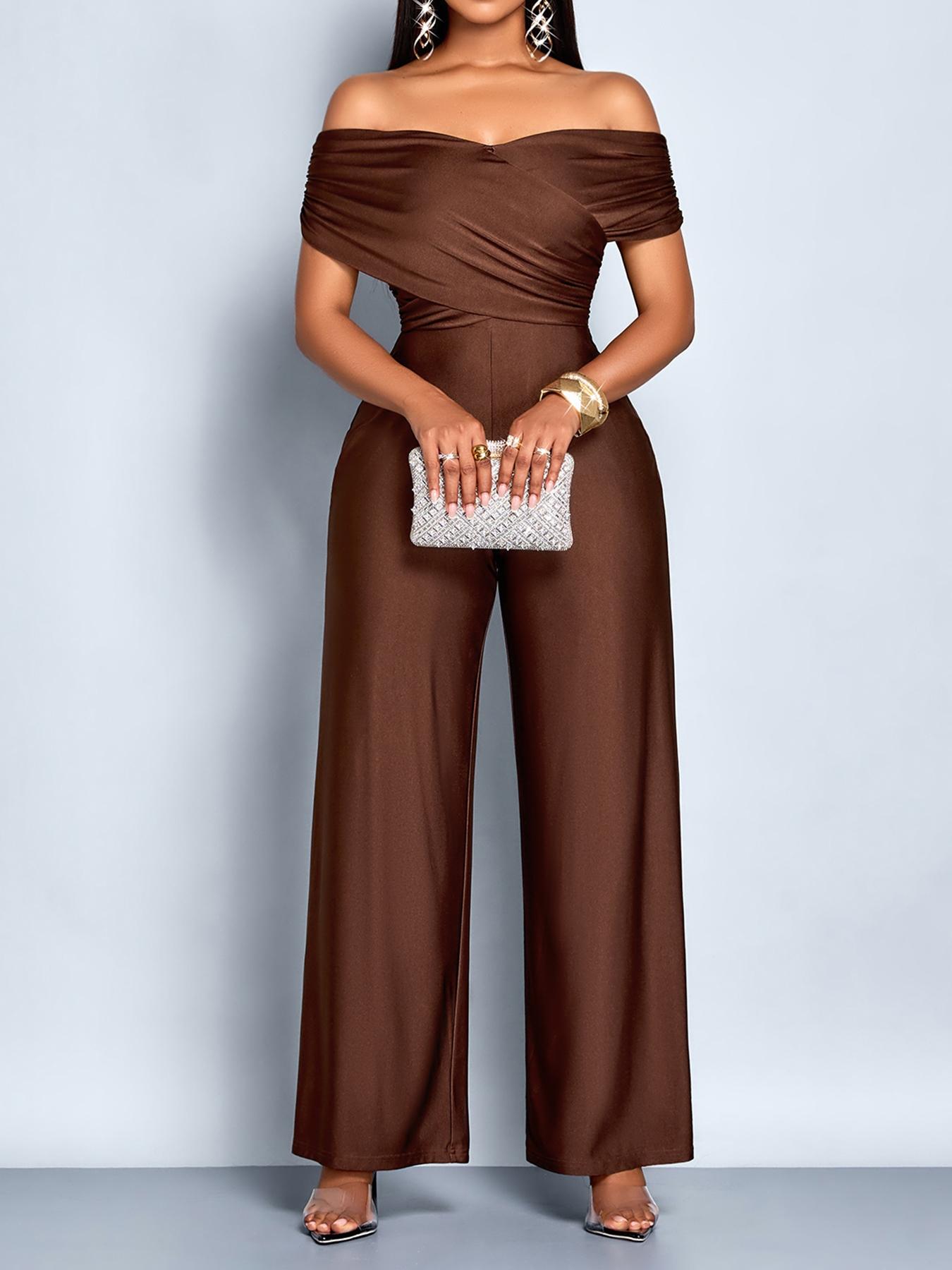 Aliling Elegant Casual Women's Solid Color One-Piece Jumpsuit, Shoulder Cut Out High Waist Straight Leg Pants, All Seasons Slim Fit