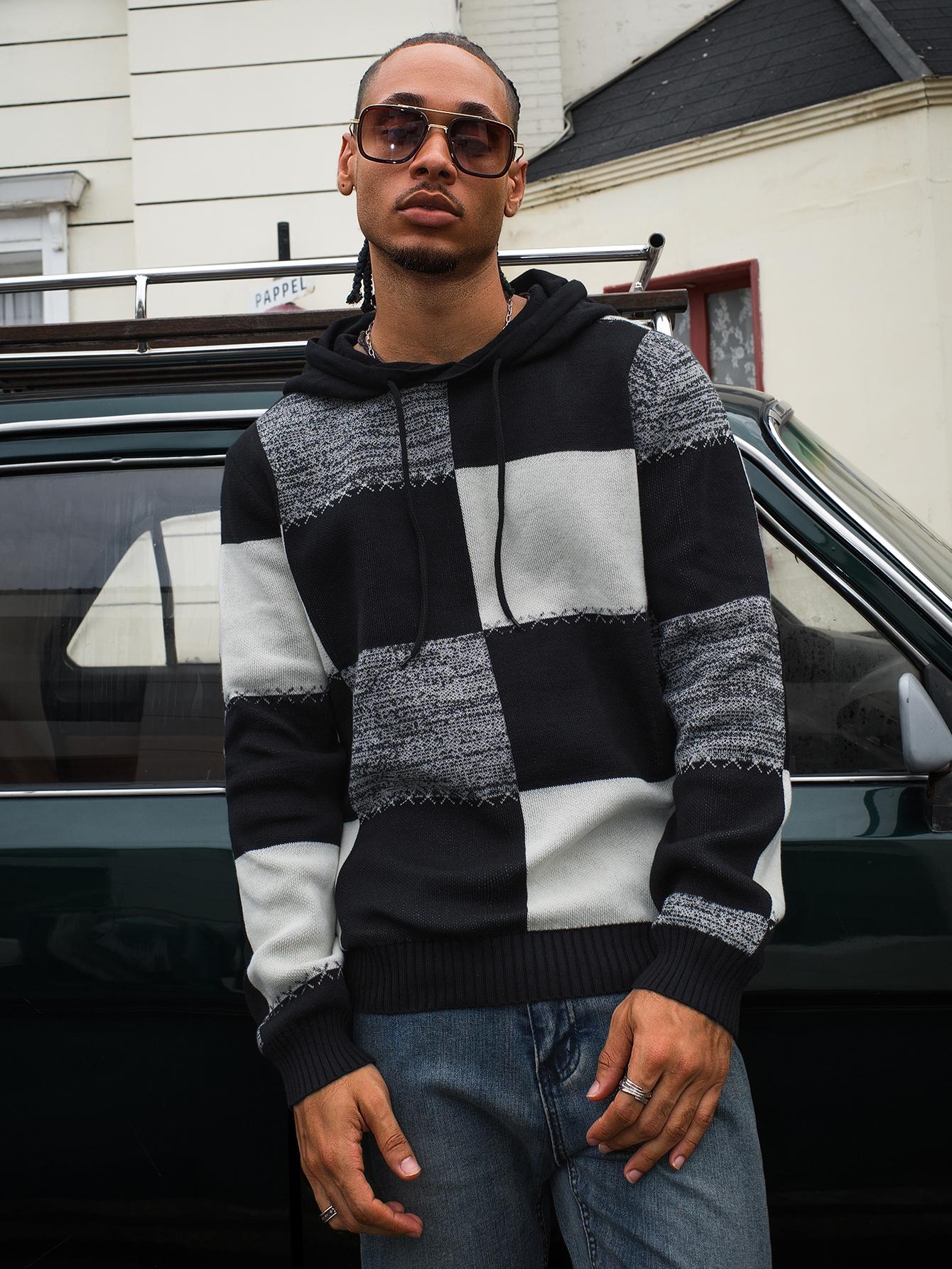 Men's Casual Hooded Color-Block Sweater - Black & Plaid Pattern, Long Sleeve Pullover with Ribbed Cuffs & Adjustable Drawstring Hood for Spring/Fall, Durable Knitwear, Comfortable Fit