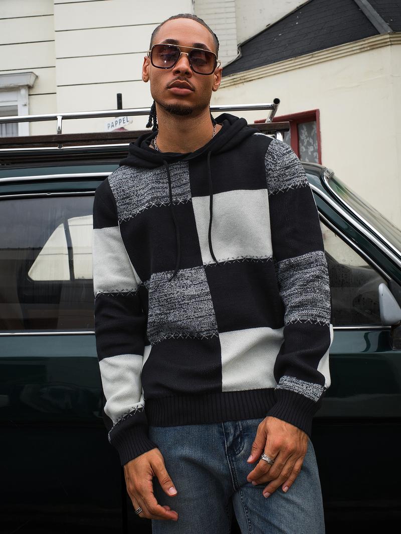Men's Casual Hooded Color-Block Sweater - Black & Plaid Pattern, Long Sleeve Pullover with Ribbed Cuffs & Adjustable Drawstring Hood for Spring/Fall, Durable Knitwear, Comfortable Fit
