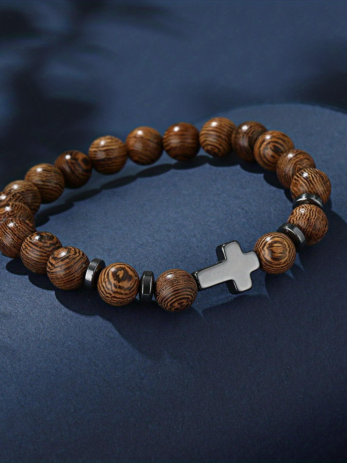 Cross Beaded Bracelet for Men, Wood Grain Design, New Arrival Bestseller Jewelry, Trendy Accessory for Men