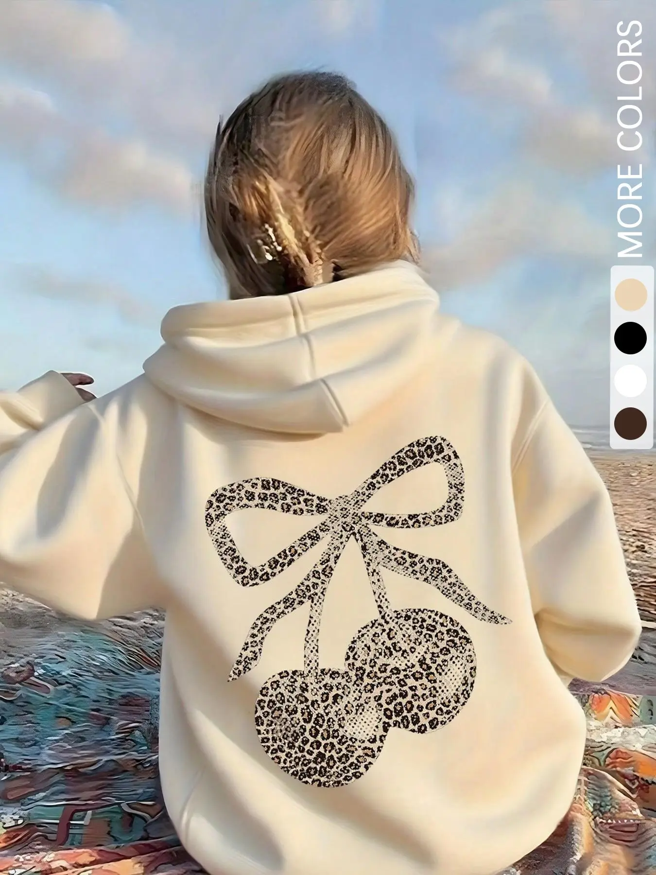 Women's Khaki Hoodie with Leopard Bow & Cherry Print – Back-Graphic Sweatshirt, Sweet Y2K Pullover, Casual Autumn Wear