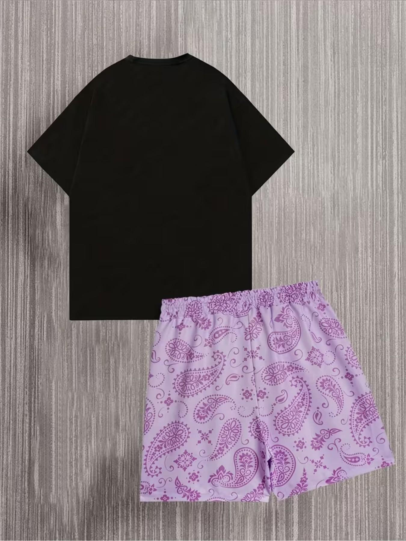 Y2K Style Men's Short Sleeve Shirt & Shorts Set, Casual All over Print, Comfortable Summer Streetwear, Fitted Above the Knee