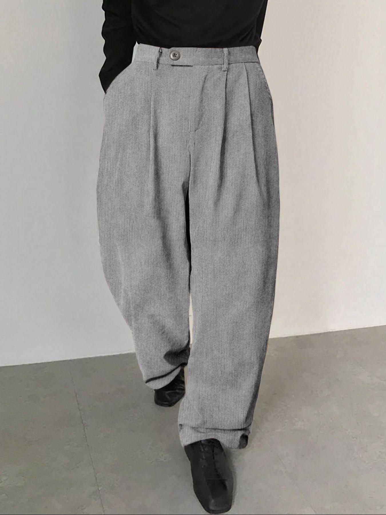 Men's Solid Color Button Fly Side Pocket Corduroy Carrot Pants, Loose-Fitting Casual Comfy Zipper Trousers for Daily Wear, Woven Bottoms for All Seasons, Casual Textured Trousers