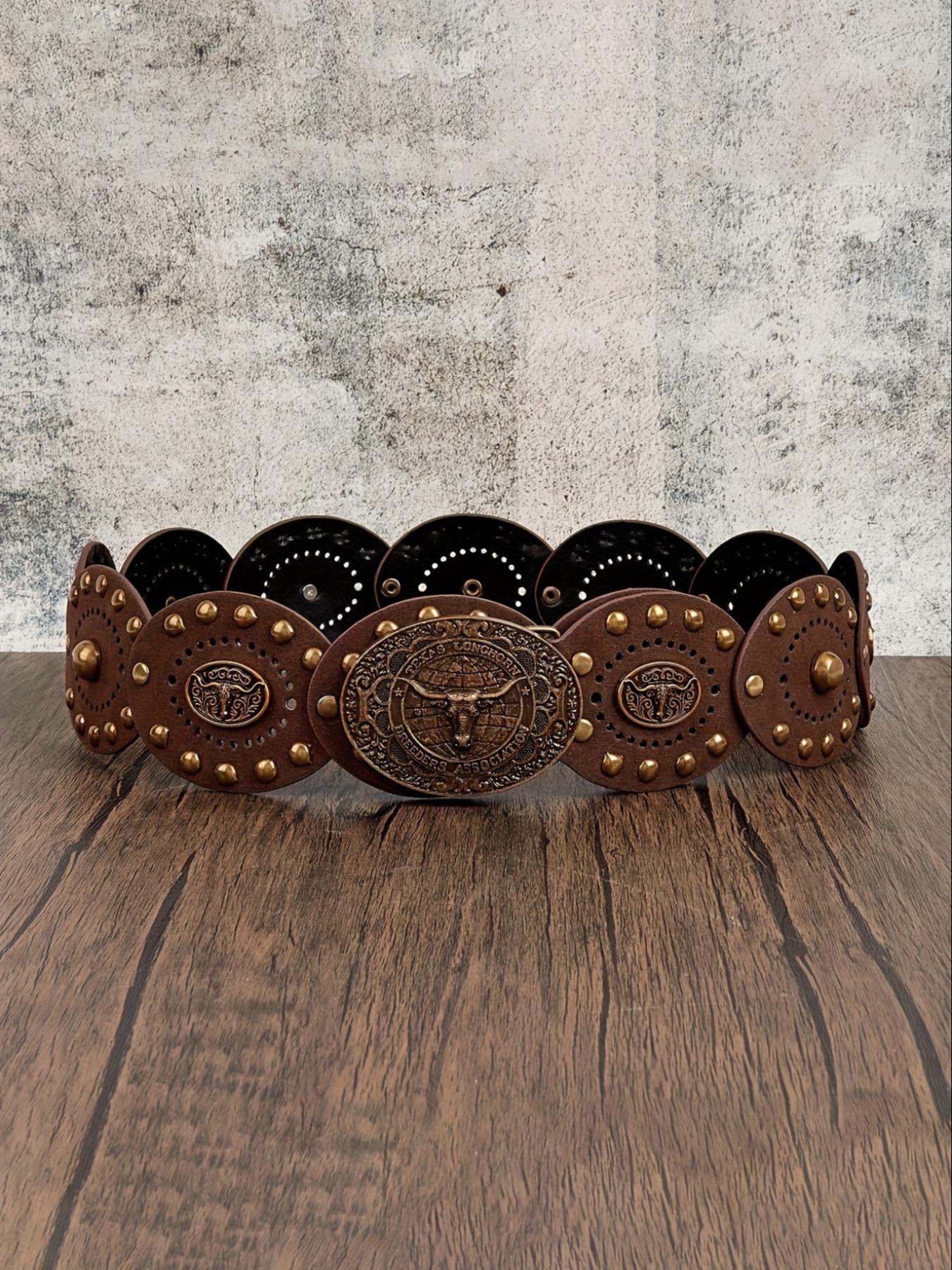 Women's Western Cowboy Style Wide Belt, PU Leather Patchwork, Antique Copper Rivets, Bohemian Carved Bull Head Buckle, Cowboy Cowgirl Belt
