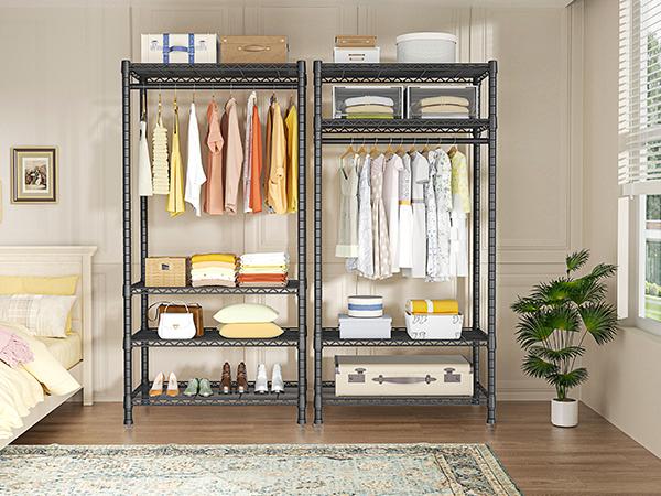 Ulif H2 Heavy Duty Clothes Rack, Freestanding 4 Tiers Garment Rack for Hanging Clothes with Shelves and Hangers, Closet Organizers and Storage Metal Closet Wardrobe System, Max Load 500 LBS Black Hangable