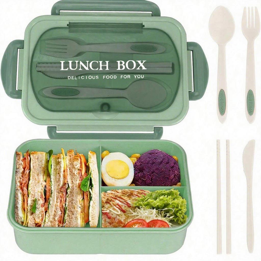 Leak-Proof Bento Box with Utensils, Microwave Safe, 3 Compartment Design, School & Work Lunchbox, Outdoor Meal Container, Safety Lock Lid
