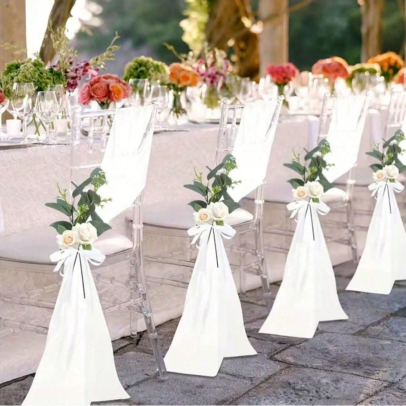 Wedding Chair Ribbon Set with Realistic Flower Decorations, Includes Chiffon Ribbons and Eucalyptus Leaves, Perfect for Church Pews and Bridal Walkway