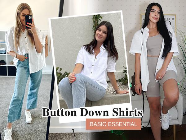Linen Shirts for Women Cotton Button Down Short Sleeve Loose Fit Collared Casual Work Summer Blouse Tops Basic Lady Breathable Essential Fabric Fashion Formal Beach Cover