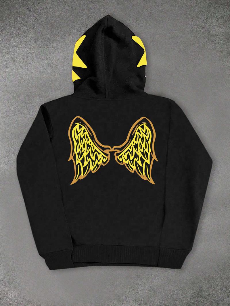 Men's Black HEROZ Graphic Drop Shoulder Hoodie with Yellow Star Hood and Sleeve Details, Streetwear Long Sleeves Top, for Urban Fashion