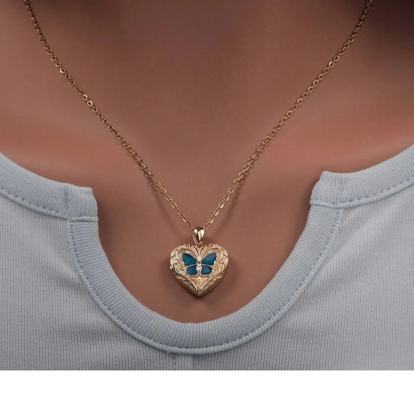 Women's Casual Vintage Butterfly Heart Locket Necklace - Openable Photo Keepsake Pendant, Copper Romantic Jewelry Gift