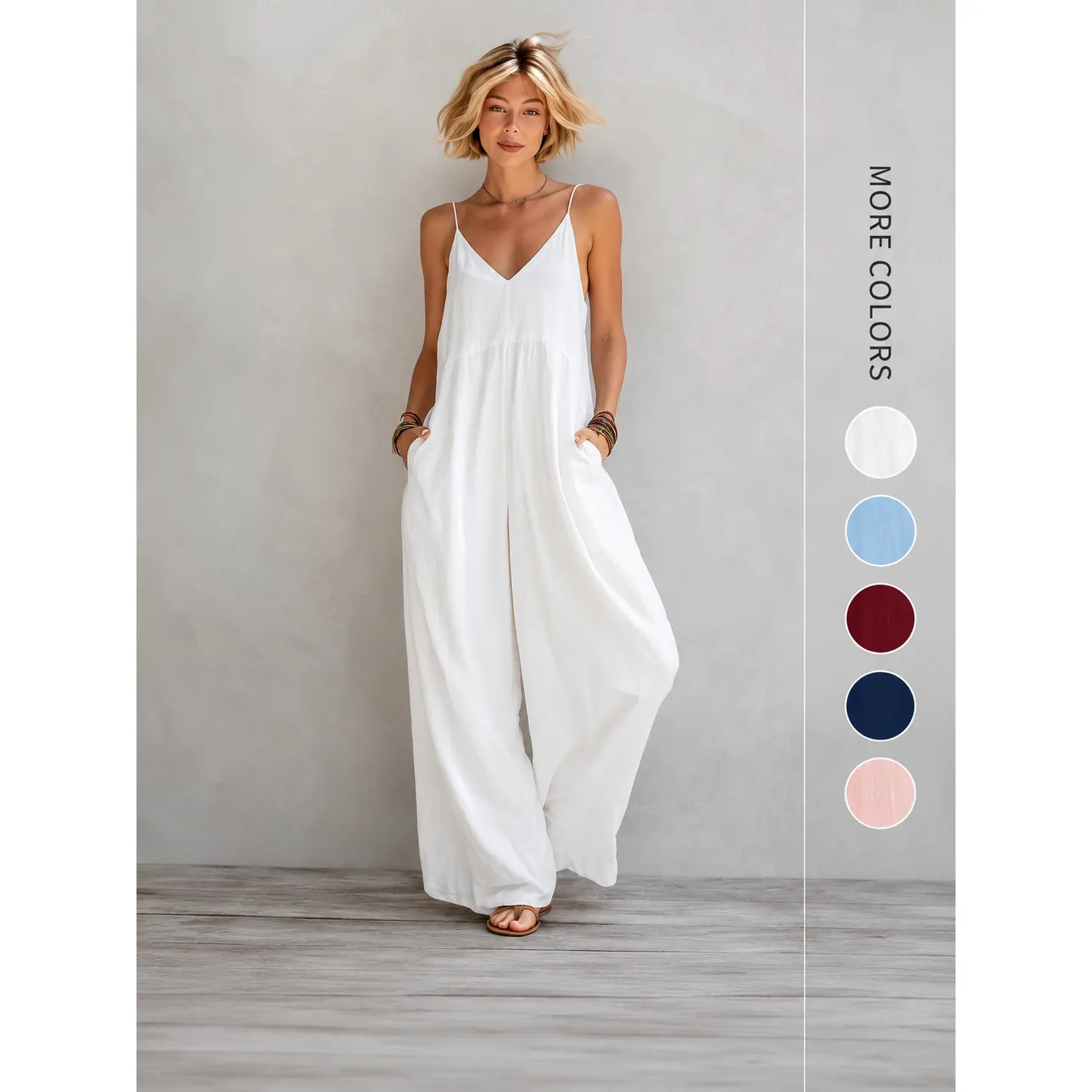 Solid color cotton-linen suspender jumpsuit, V-neck tie wide-leg jumpsuit, spring-summer casual women's clothing