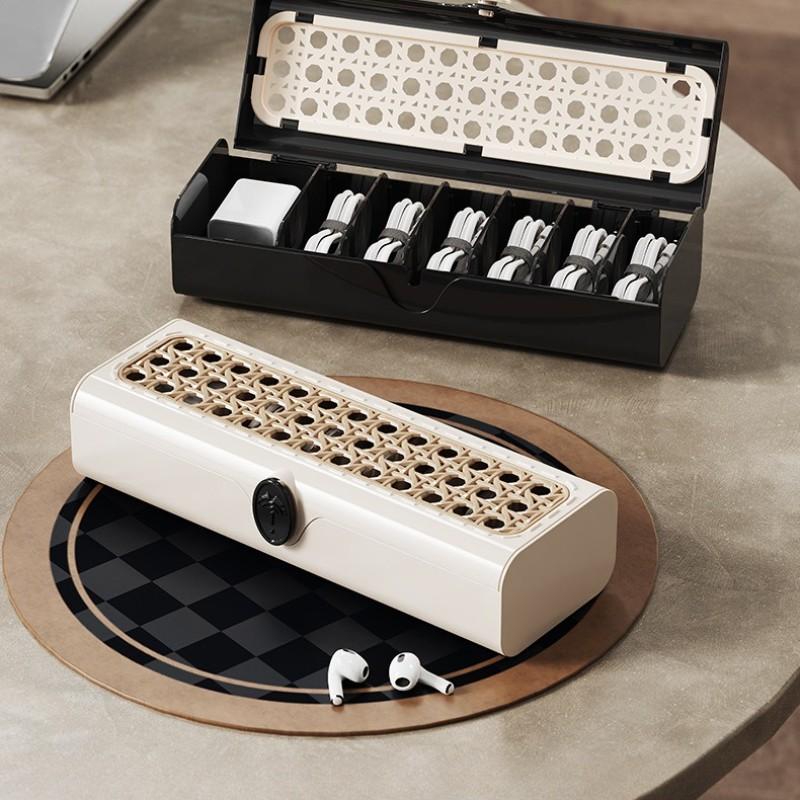 Vintage Woven Style Retro Flip-Top Storage Box, Adjustable Compartments, Data Cable Organizer, Desktop Wire Management, Universal Setting