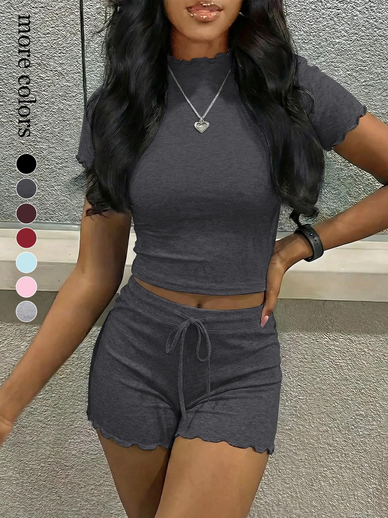 Women's 2 Piece Lounge Set, Short Sleeve Mock Neck Top & Drawstring Ruffle Shorts, Y2K Aesthetic Cozy Summer Pajama Sleepwear