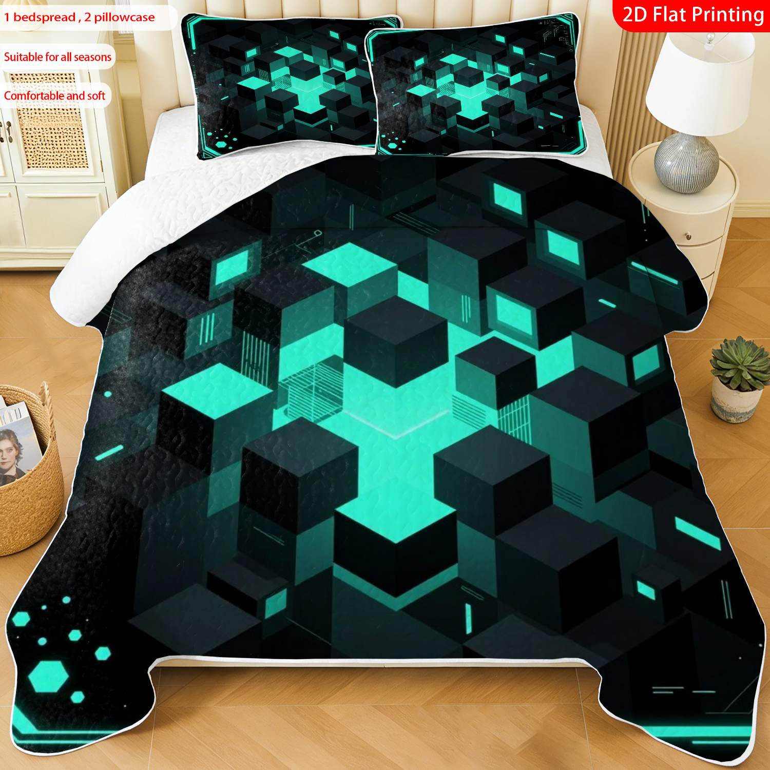 3 pcs, 2D Flat Print Neon Geometric Cubes Bedspread Set, Soft and Comfortable, Multiple Sizes Available, Suitable for Gifting and Daily Use, Ideal for Creating a Cozy Home Atmosphere(1 bedspread , 2 pillowcases)