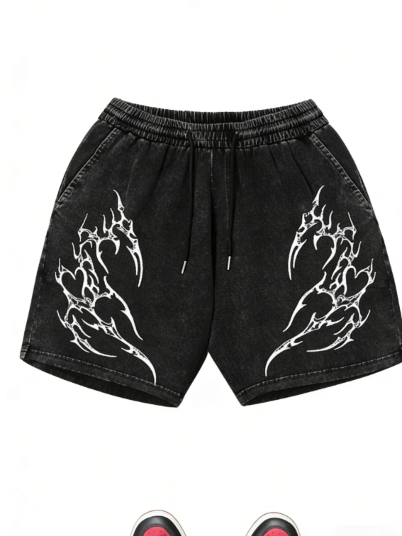 Black Vintage Wash Tribal Flame Print Denim Shorts Men Women, Y2K Streetwear Casual Drawstring Jeans Shorts, Gothic Heart Tribal Bottoms