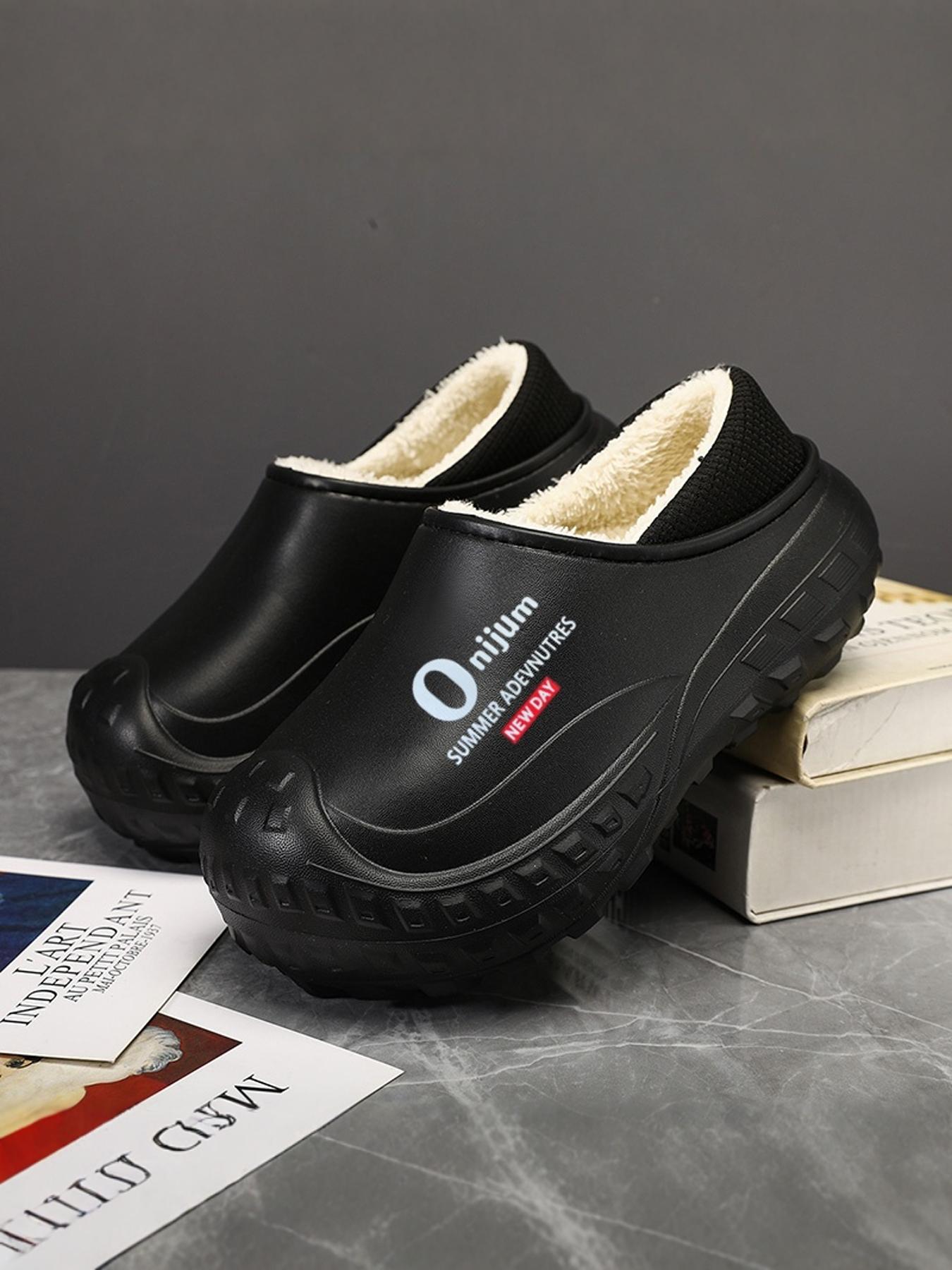 Men's Letter Pattern Waterproof Plush Lining Slippers, Casual Comfortable Home Slippers, Warm Slippers for Indoor & Outdoor Use for Fall & Winter, Lined Slippers