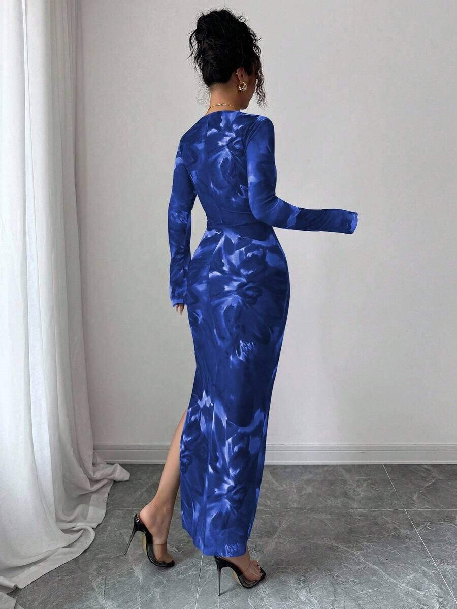 Women's Elastic Mesh Floral Bodycon Dress, Long Sleeve, Fashionable Women's  Design, Cross Knot V Neck, Slim Fit with Slit, Elegant, Suitable for Daily  Wear, Commuting, Dates, Parties, Chic, Formal Elegant Dress -