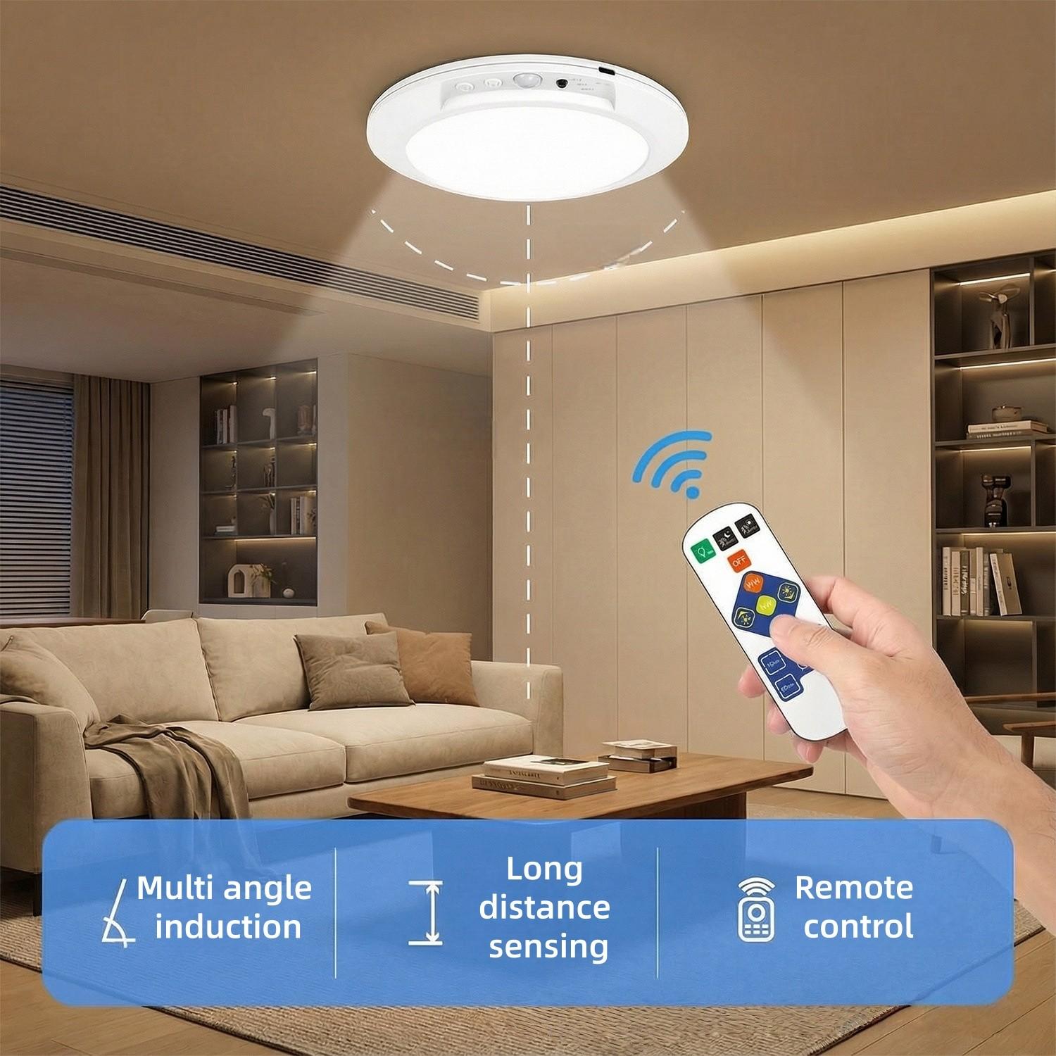 Smart Motion Sensor Ceiling Light, Indoor Lighting, Infrared Remote Control, Wireless, Automatic Dimming, Timer Switch, Color Temperature Adjustable, Type-C Charging #GLOBAL PICKS