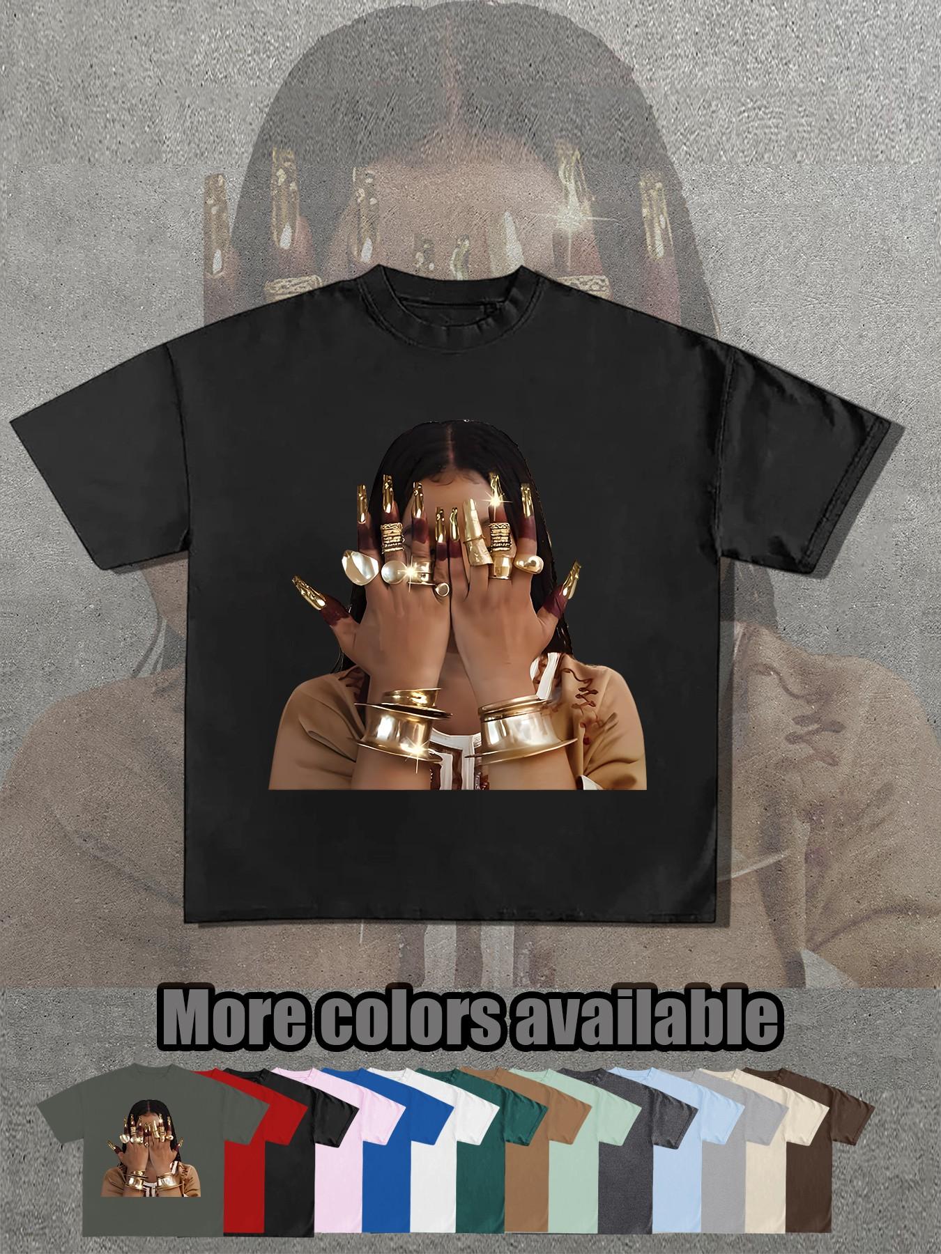 14 Color Options, Retro Egyptian Queen Gold Nail Print T-Shirt, Unisex Short Sleeve, Loose Fit, Street Style, Summer Fashion Essential