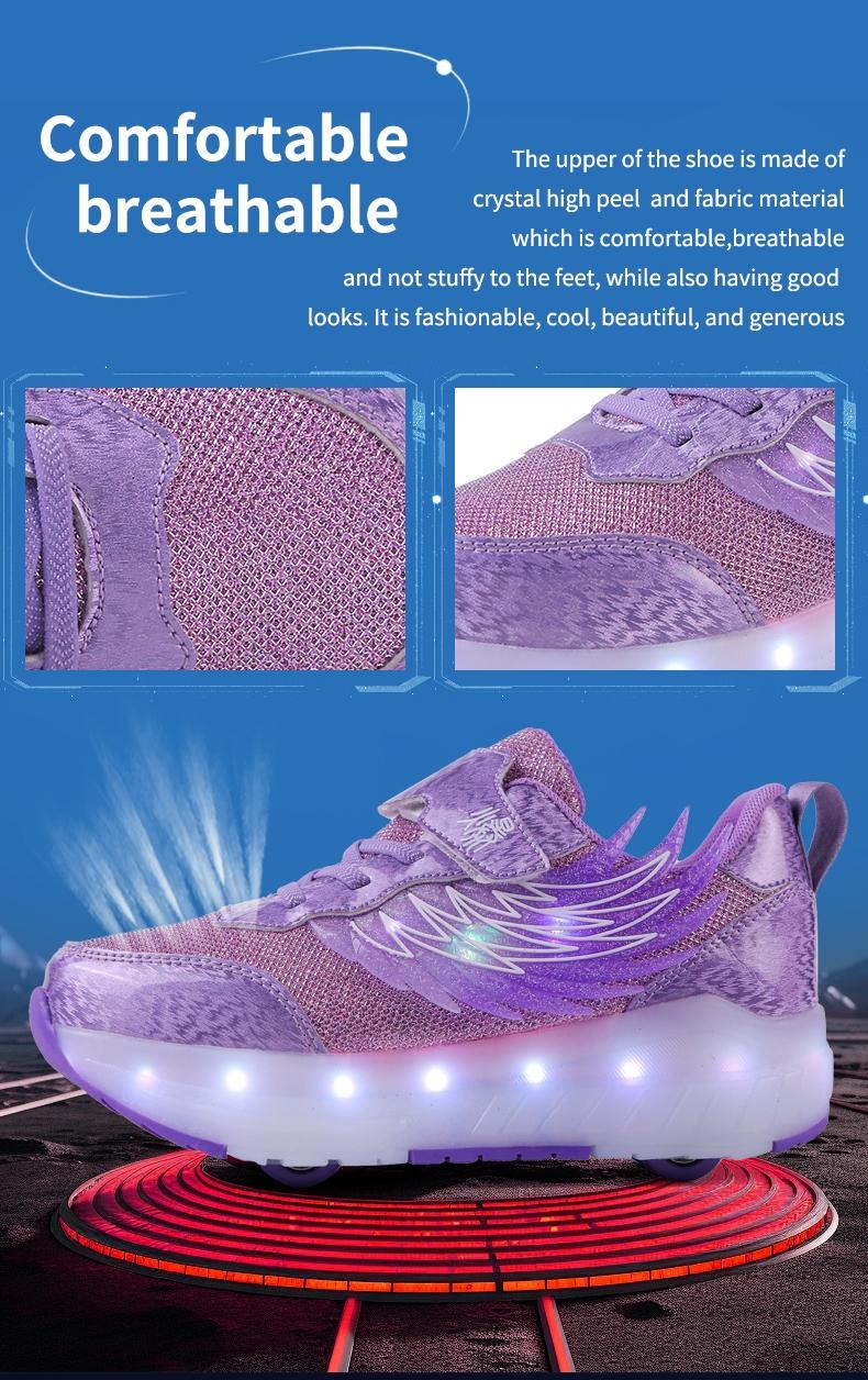 Girls' LED Light-Up Roller Skates, USB Rechargeable, Detachable Wheels, Breathable PU Leather, All-Season Casual Shoes, Shoes with Wheels